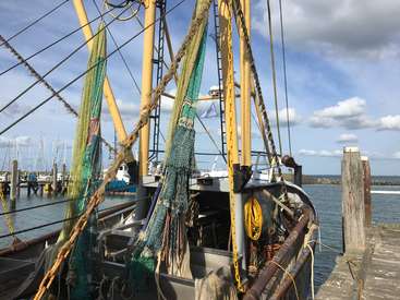L'image représente un bateau de pêche amarré à un port de plaisance, avec un grand filet et des cordes, avec un ciel bleu nuageux et des eaux calmes en arrière-plan.