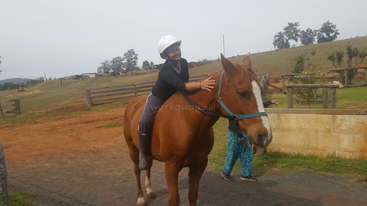 A person is riding a horse, with the horse\'s head visible in the background. The image appears to be taken from a distance, with the horse and rider in the center of the frame.