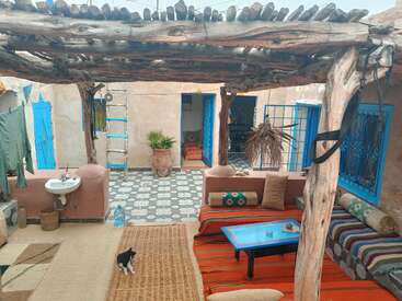 Une cour confortable et rustique comprend des canapés rayés colorés, une table bleue, une pergola en bois, des plantes en pot, des portes bleues, des carreaux de sol à motifs et un chat noir et blanc.