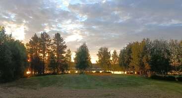 Una escena tranquila con un prado cubierto de hierba, rodeado de árboles altos y bañado por la cálida luz del sol. El cielo está parcialmente nublado y, al fondo, se vislumbra un río resplandeciente.