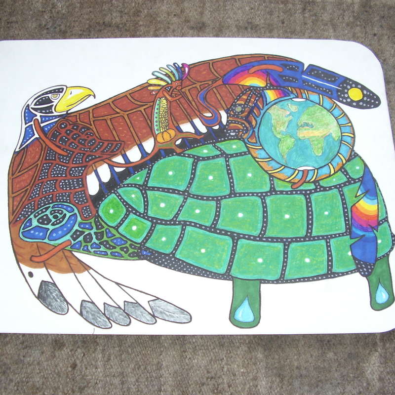 La imagen muestra una vibrante ilustración dibujada a mano de una tortuga con cabeza de águila y un globo terráqueo en la espalda, sobre un fondo blanco.