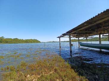 A serene riverside scene features a rustic wooden shelter over water, housing a boat. Green vegetation, calm blue sky, and distant treeline create a peaceful atmosphere.