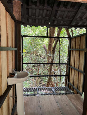 This image shows a rustic outdoor bathroom with wooden walls, an open window revealing lush green trees, a white pedestal sink, and natural forest surroundings.