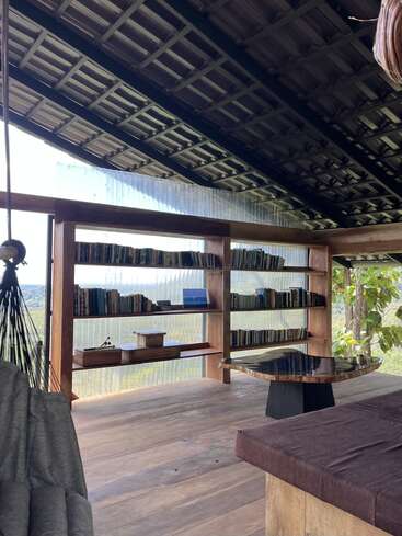 This cozy reading nook features wooden bookshelves filled with books, a hammock, comfy seating, and a rustic table, all set in a bright, open, natural space.