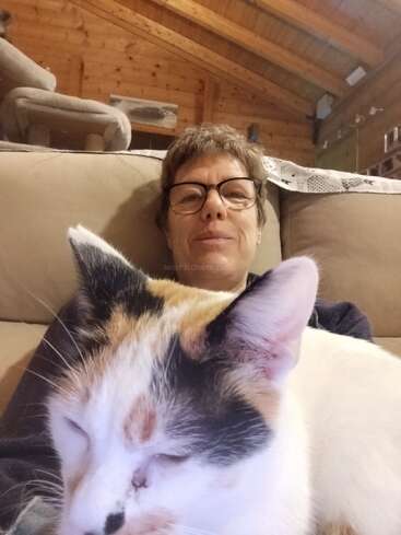 A person with short hair and glasses relaxes on a couch in a cozy wooden room, with a calm calico cat resting peacefully in the foreground.