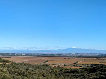 A vast landscape features green forests in the foreground, patchwork fields, distant hills, and a tall mountain with a snow-capped peak under a clear blue sky.
