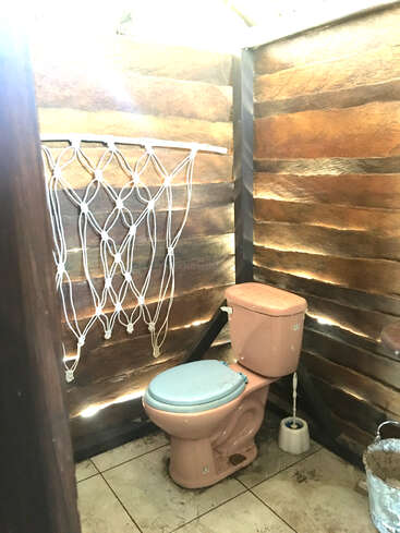 This image shows a rustic bathroom with wooden plank walls, a pink toilet with a blue lid, a toilet brush, tiled floor, and a macrame wall hanging.