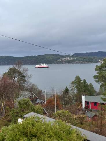 Das Bild zeigt eine ruhige Szene eines großen Gewässers mit einem Boot in der Ferne, umgeben von Bäumen und Häusern am Ufer.
