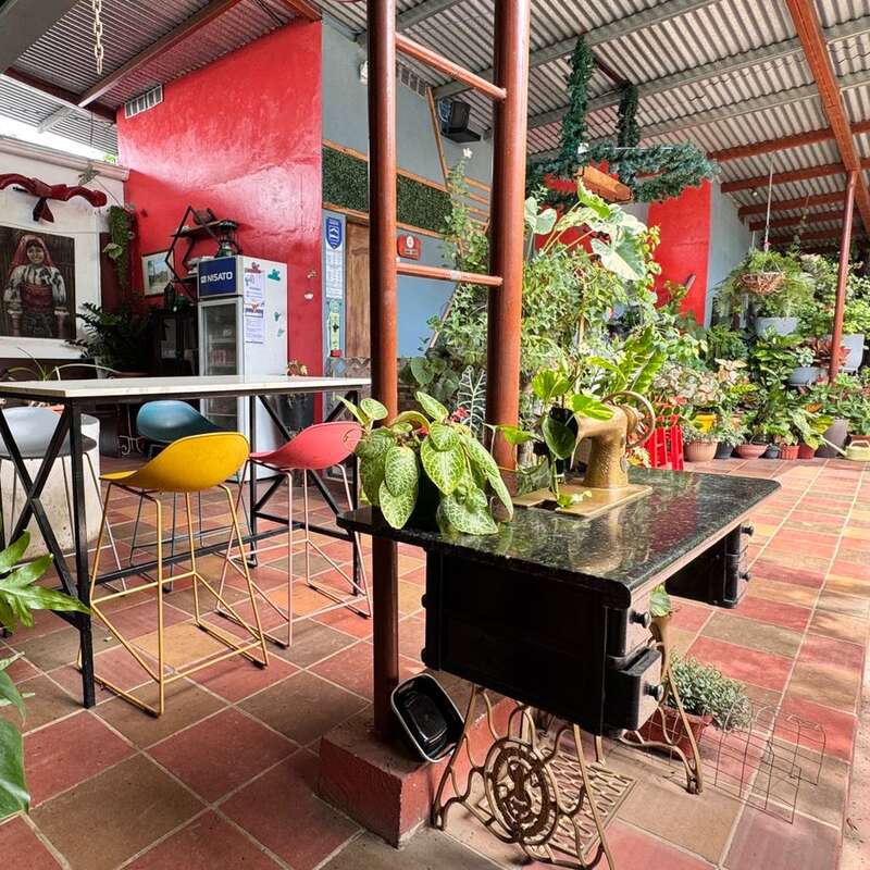 A cozy, colorful outdoor patio featuring vibrant chairs, lush green plants, a sewing table, tiled flooring, and red walls, creating a welcoming and artistic atmosphere for relaxing.