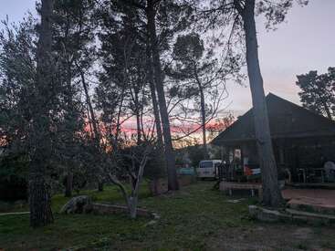 Au crépuscule, de grands arbres entourent une maison rustique devant laquelle est garée une camionnette. Le ciel se pare de teintes roses et orangées, créant une atmosphère paisible.