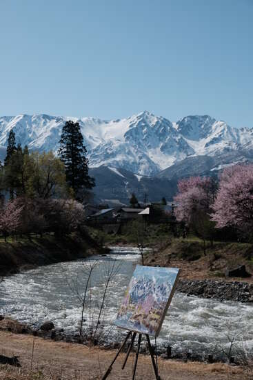A canvas on an easel captures a scenic river, cherry blossoms, and snowy mountains under a clear blue sky, blending art with stunning natural beauty.