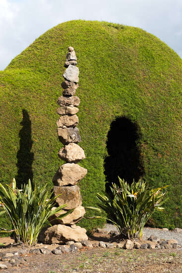 A tall stack of uneven rocks stands between two leafy plants, set against a lush green hill with a dark arched opening, under daylight.