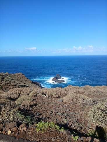 Une côte rocheuse avec des arbustes secs surplombe un océan d'un bleu profond. Une formation rocheuse unique émerge de la mer, entourée de vagues blanches sous un ciel clair.