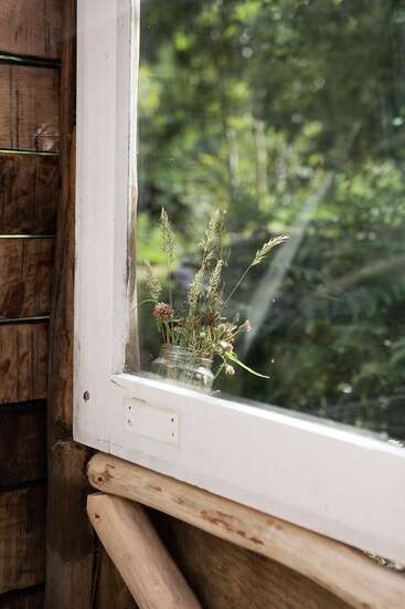 La luz del sol se cuela por una ventana rústica de madera e ilumina un tarro de cristal lleno de flores silvestres y hierbas, con frondosos árboles verdes que se difuminan suavemente al fondo.