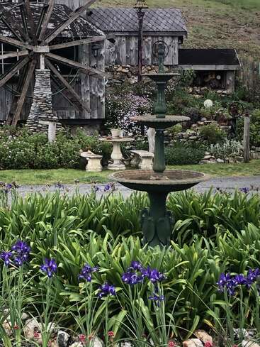 Un jardín rústico con una fuente verde rodeada de flores moradas, exuberante vegetación, bancos de piedra y un edificio de madera desgastada con una gran noria.