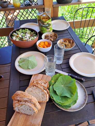 An inviting outdoor table set with fresh salad, sliced bread, leafy greens, vegetables, chips, and glasses, ready for a casual, healthy meal with friends.