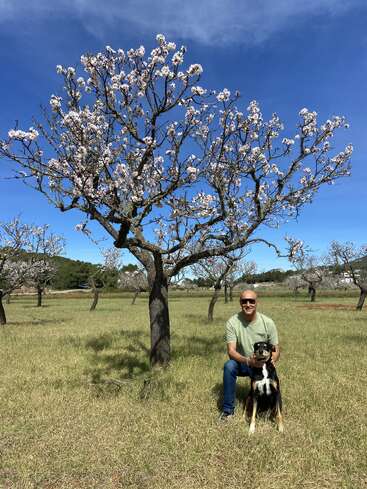 A man wearing sunglasses kneels in a grassy field beside a black and tan dog. Blooming trees with pink flowers and a blue sky surround them.