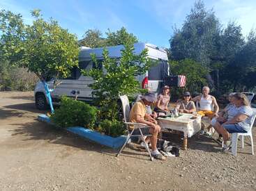 Six people sit around a table outdoors, near a camper van, enjoying a sunny day. A dog lies beneath the table. Trees and greenery surround them.