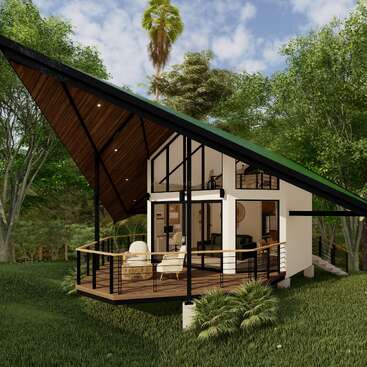 Una moderna casa con estructura en forma de A, con grandes ventanales y una amplia terraza de madera, se encuentra enclavada entre frondosos árboles, fusionando armoniosamente la naturaleza y la arquitectura.