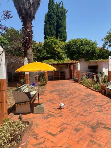 Un patio soleado con baldosas de terracota, una sombrilla amarilla, bancos de azulejos, plantas, una palmera, un balón de fútbol y una exuberante vegetación rodean una acogedora zona al aire libre.