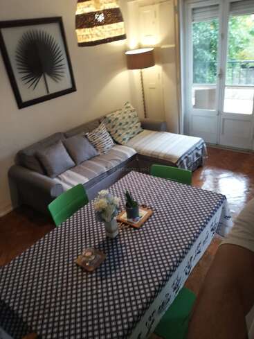 Essa sala de estar aconchegante tem um sofá cinza com almofadas estampadas, uma mesa de jantar com toalha xadrez, cadeiras verdes, quadros com folhas e muita luz natural.