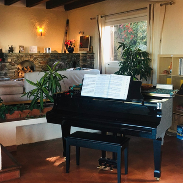 Un salon confortable avec un piano à queue, des partitions, des plantes vertes, une cheminée en pierre, un canapé beige, des œuvres d'art murales, la lumière du soleil et une atmosphère paisible et accueillante.