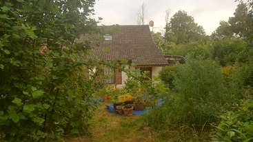 L'image représente une maison avec une grande cour, avec un petit étang et une clôture en bois, entourée d'arbres et de buissons, avec un ciel clair en arrière-plan.