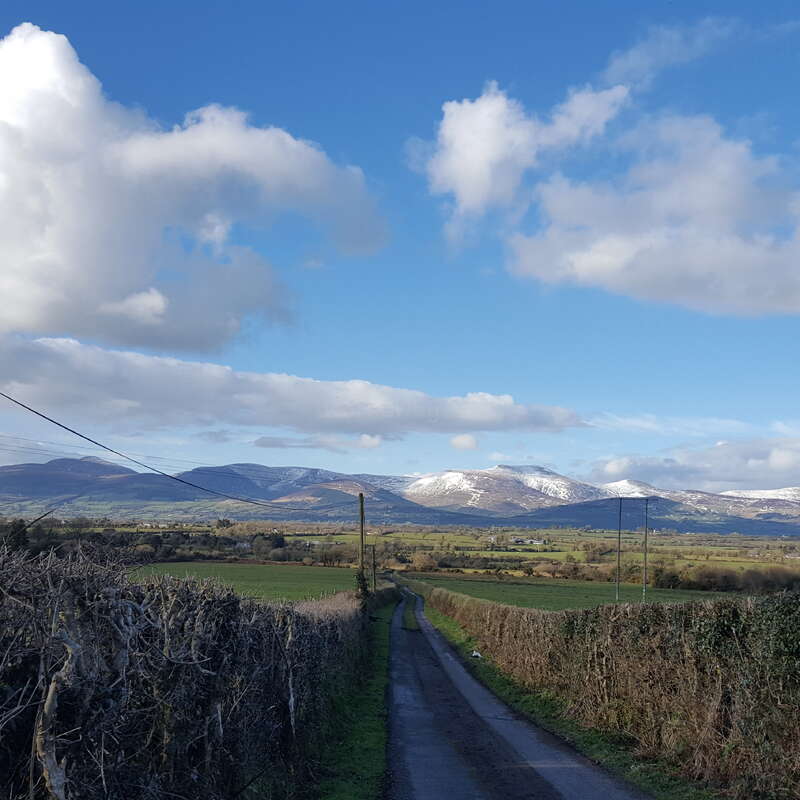 L'image représente un paysage rural serein avec une route sinueuse, des champs verdoyants et des montagnes majestueuses sous un ciel bleu avec des nuages blancs par une journée ensoleillée.