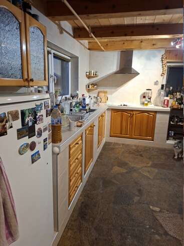 This cozy kitchen features wooden cabinets, stone flooring, a white fridge covered with magnets, cluttered counters, hanging garlic, shelves with jars, and a curious gray cat.
