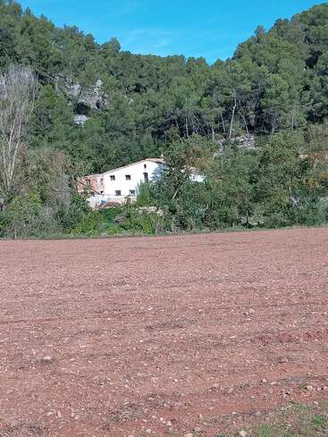 Una casa blanca se encuentra enclavada entre densos árboles verdes y colinas. En primer plano, hay un campo marrón arado bajo un cielo azul claro.