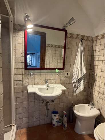 Une salle de bains rustique avec des murs carrelés, un miroir carré surmonté de deux lampes, un lavabo, un bidet et des produits d'entretien rangés en dessous. Une serviette est accrochée au mur ; la douche est visible sur la gauche.