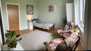 Esse quarto aconchegante tem uma cama de solteiro, duas poltronas florais, um tapete grande, plantas de interior, iluminação suave, obras de arte em paredes verdes e uma janela.