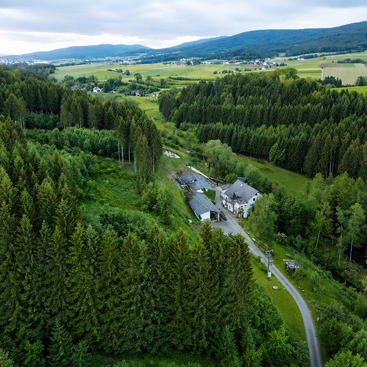 A peaceful countryside landscape with dense forests, open fields, and scattered houses. A winding road leads to a secluded home nestled among tall green trees.
