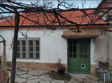 Une petite maison rustique avec un toit de tuiles rouges, des murs blancs, une porte en bois verte, des vignes dénudées au-dessus, une terrasse en pierre, un hamac, une chaise et une plante en pot.