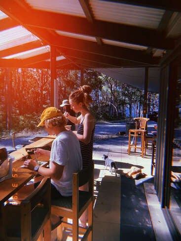 Deux personnes prennent un repas sur un patio ensoleillé, entouré d'arbres, avec deux chiens se reposant sur le sol à proximité. Un cadre extérieur paisible.