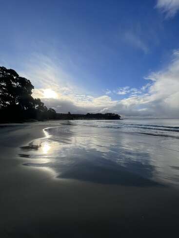 Una serena escena playera al amanecer, con la suave luz del sol reflejándose en la arena mojada, suaves olas que se acercan, árboles que se perfilan en el horizonte y un vasto cielo azul en lo alto.