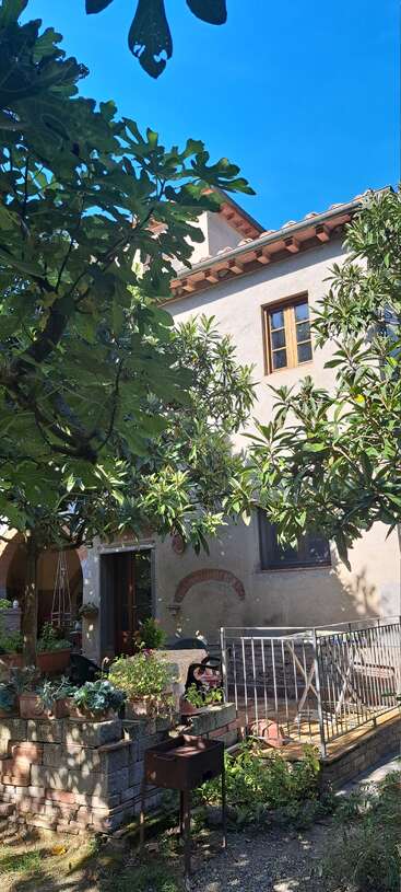 Uma charmosa casa rústica com telhado de telha, cercada por árvores e plantas verdes exuberantes, móveis de jardim, luz solar intensa e céu azul claro acima. Ambiente tranquilo.