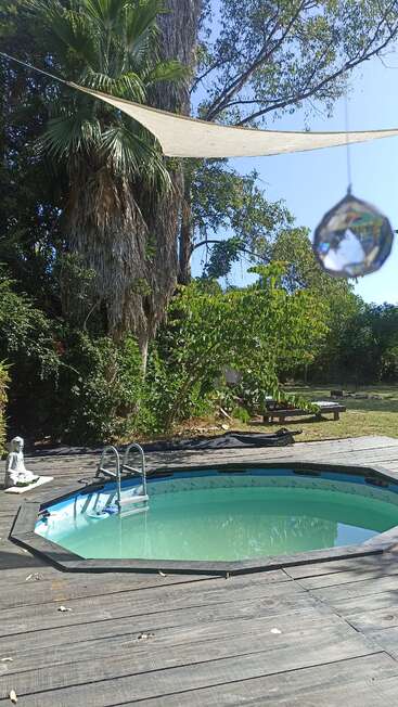 The image depicts a small, round pool with light blue water, surrounded by a wooden deck and lush greenery, set against a clear blue sky.
