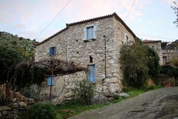Une charmante maison en pierre aux volets bleus se trouve le long d'un chemin étroit et en pente, entourée de verdure. L'extérieur rustique et usé par les intempéries évoque l'atmosphère paisible d'un village.
