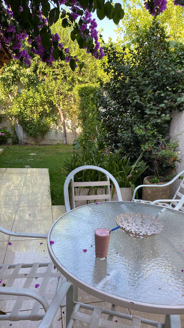 A peaceful garden scene with lush greenery, purple flowers, a glass table, white chairs, a decorative bowl, and a pink smoothie with a blue straw.