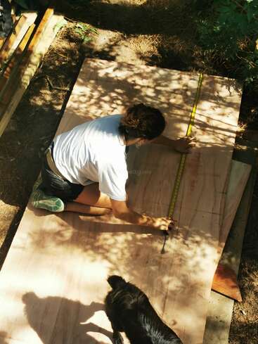 A person is kneeling outdoors, measuring a large wooden board with a tape measure. Sunlight filters through trees. A black dog stands nearby, watching.