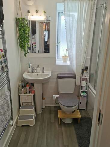 Cette salle de bains est ordonnée et confortable, avec une plante, des articles de toilette organisés, un miroir, des tabourets, un décor gris, une fenêtre et une douche avec un écran en verre.