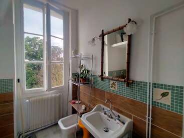 Um banheiro bem iluminado com uma janela grande, azulejos verdes, um espelho com moldura de madeira, plantas nas prateleiras, uma pia, uma pequena lixeira branca e luz natural.
