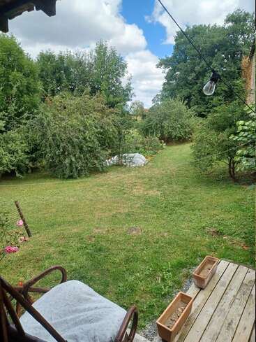 Vue d'un jardin confortable depuis un porche en bois, avec une chaise rembourrée, des pots de fleurs, de la verdure luxuriante, des arbres, un ciel bleu, des nuages et une ampoule suspendue.