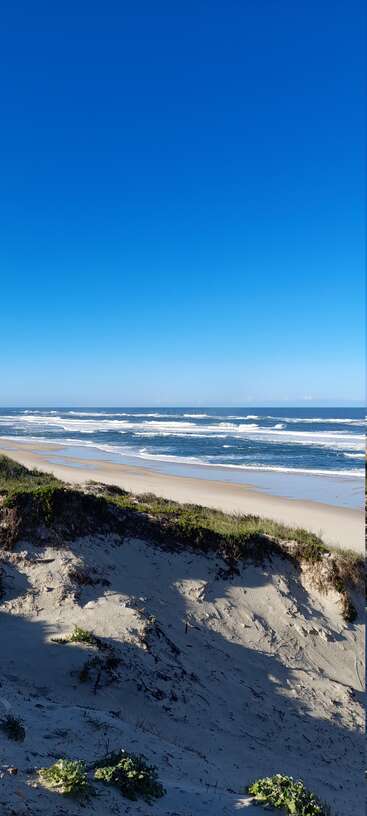The image depicts a serene beach scene, featuring a sandy shore with a gentle slope, a calm ocean, and a clear blue sky, evoking a sense of tranquility and relaxation.
