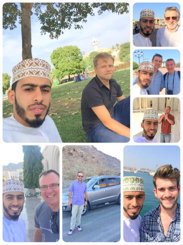 A collage of selfies featuring one man in traditional Omani attire with various friends, outdoors in parks, by the sea, at landmarks, and near a car.