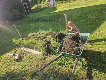Un jeune enfant creuse la terre dans un jardin ensoleillé, à l'aide d'une pelle et d'une brouette, entouré d'herbe verte et d'un abri en bois en arrière-plan.