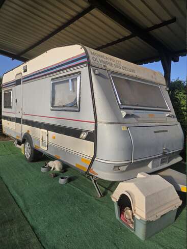 Uma caravana vintage Moncayo Olympic 550 Deluxe está estacionada sob um toldo. Um gato está comendo ao lado dela, com um pequeno abrigo para animais e tigelas por perto.