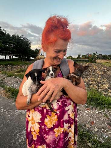 Eine Frau mit leuchtend roten Haaren, die fröhlich lächelt, hält drei kleine Welpen im Arm. Sie steht bei Sonnenuntergang draußen auf einer Wiese auf dem Land.