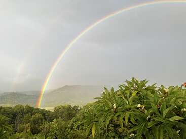 Ein leuchtender Regenbogen spannt sich über einen wolkenverhangenen Himmel über üppig grünen Hügeln und blühenden Bäumen und schafft eine ruhige, malerische Landschaft nach einem Regenschauer. Die Schönheit der Natur leuchtet.